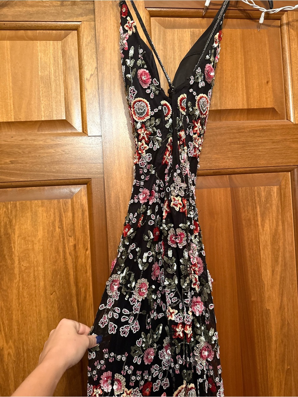 Black Embroidered Floral V-Neck Prom Gown